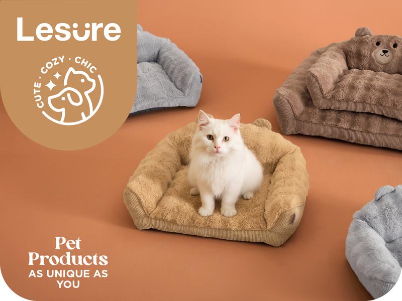 Lesure Teddy Bear Sofa for Small Pets - Valentine’s Day Gift for Fluffy & Warm Cute Couch for Indoor Cats, Fuzzy Cat Sofa with Removable Washable Cover, Supportive Pet Chair with Cute Teddy Bear Design, Perfect for Autumn & Winter Home