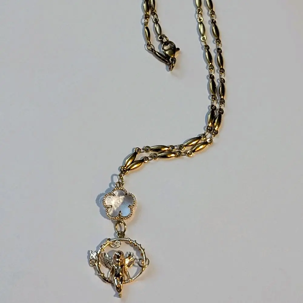 Gold Stainless Steel Fairy Charm Necklace – Floral Clover Crystal Pendant – Whimsical Angel Fairy Necklace – Cottagecore Fantasy Jewelry