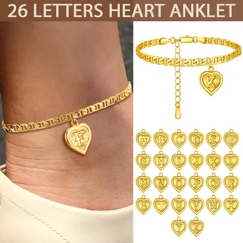 Women's Personalized Copper Alphabet Initial Heart Anklet - 8.5 inches + 2 inches Extension Adjustable Nautical Mariner Chain, Non-Tarnish Golden/Silver Casual Daily Everyday Adult Jewelry for Beach, Graduation