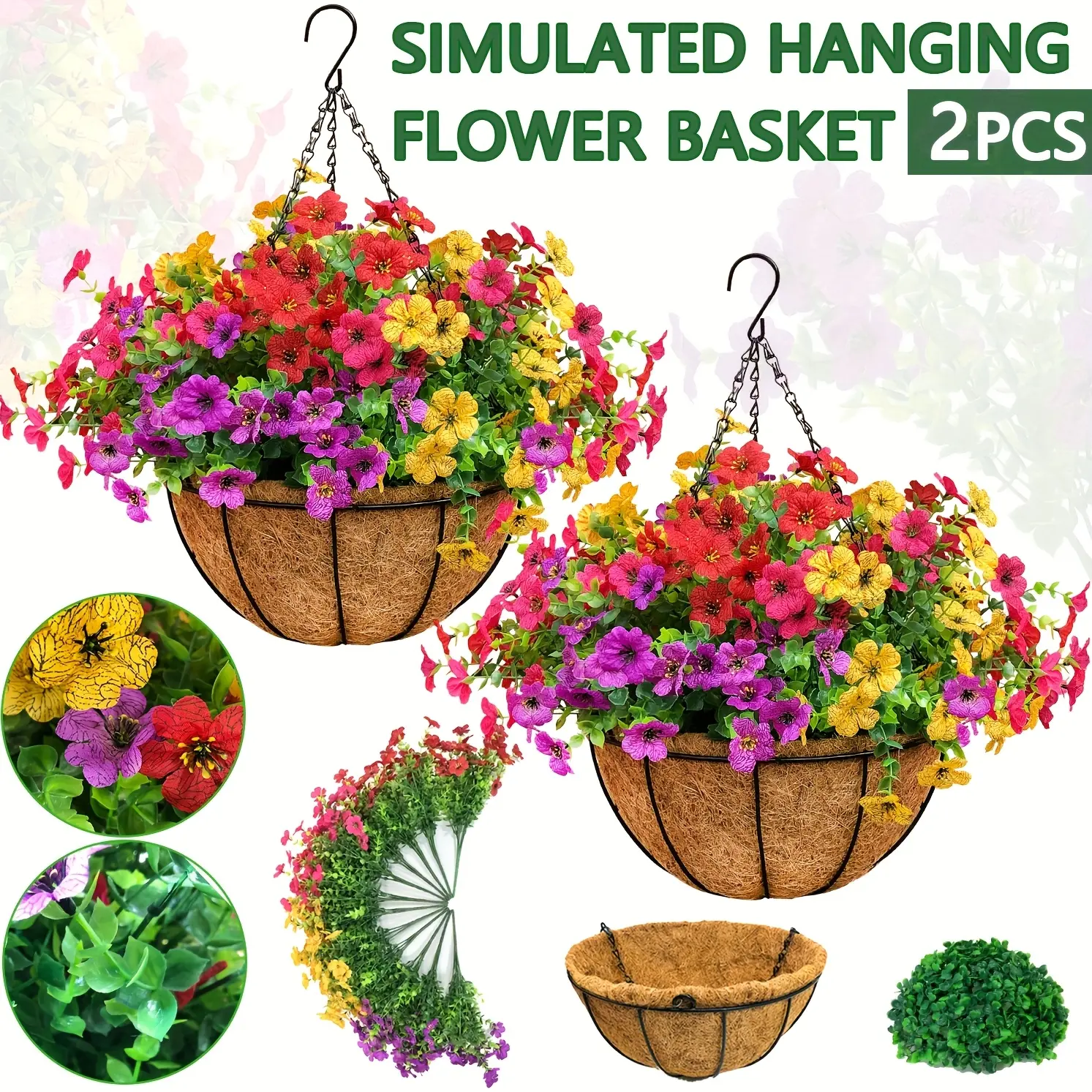 2 Pcs UV-Safe Outdoor Artificial Hanging Flower Baskets with 24 Daisies + Eucalyptus, Realistic Flowers for House Plant Decor, Balcony Garden Use