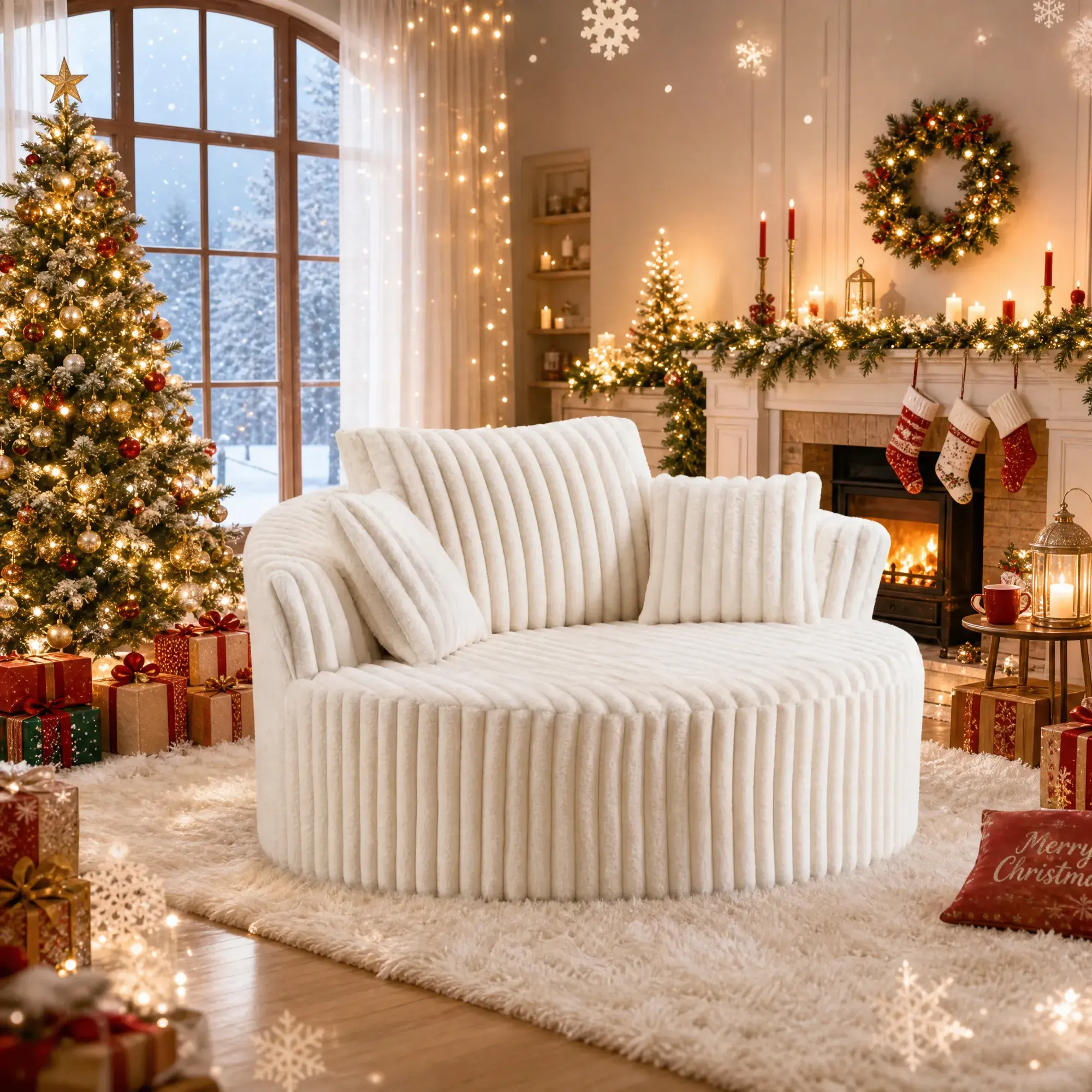 57” Round Chaise Lounge Chair Indoor, Deep Seat Floor Couch with Pillows | Upholstered Corduroy Compression Foam Sofa, No Assembly Required, for Living Room, Bedroom, Apartment