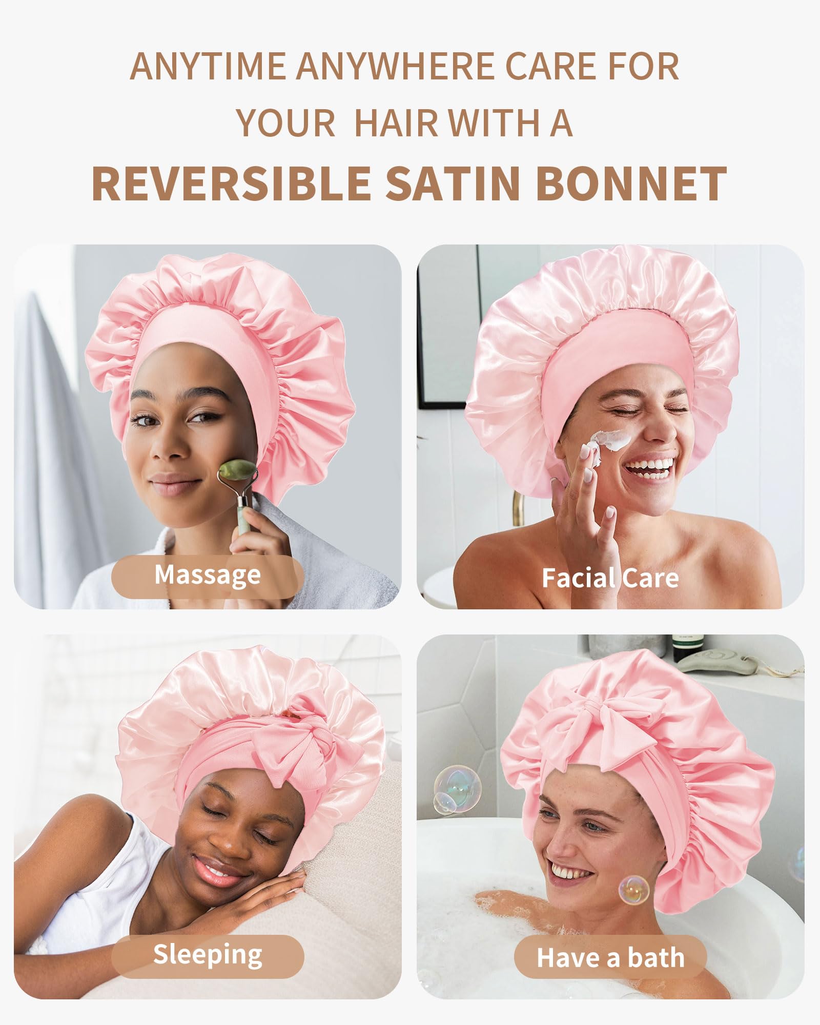 AWAYTR Double Layered Two Color Satin Bonnet Women's Silk like Bonnets for Sleeping with Tie Band Curly Hair Care Night Cap Gifts