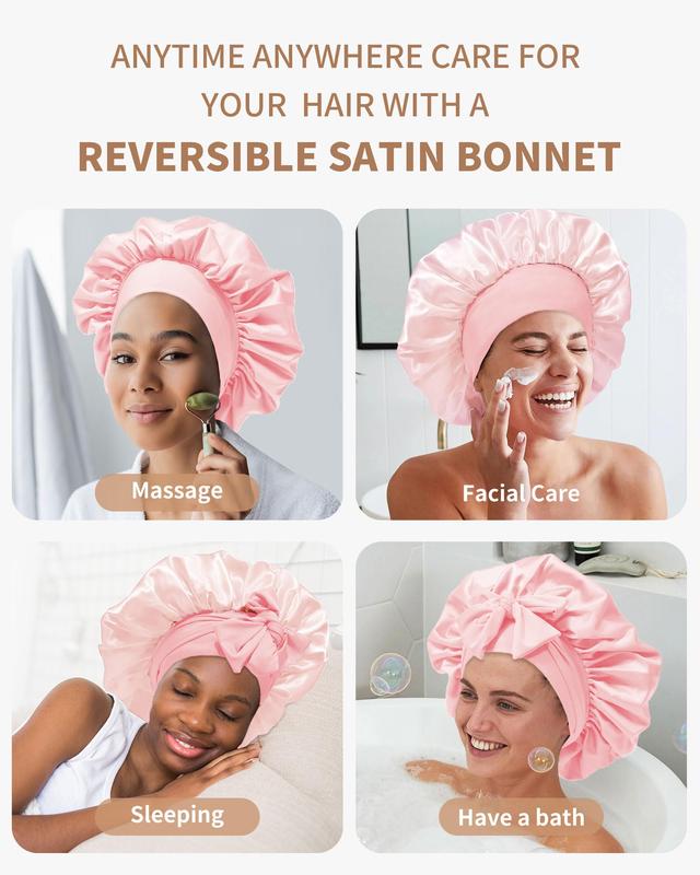 AWAYTR Double Layered Two Color Satin Bonnet Women's Silk like Bonnets for Sleeping with Tie Band Curly Hair Care Night Cap Gifts