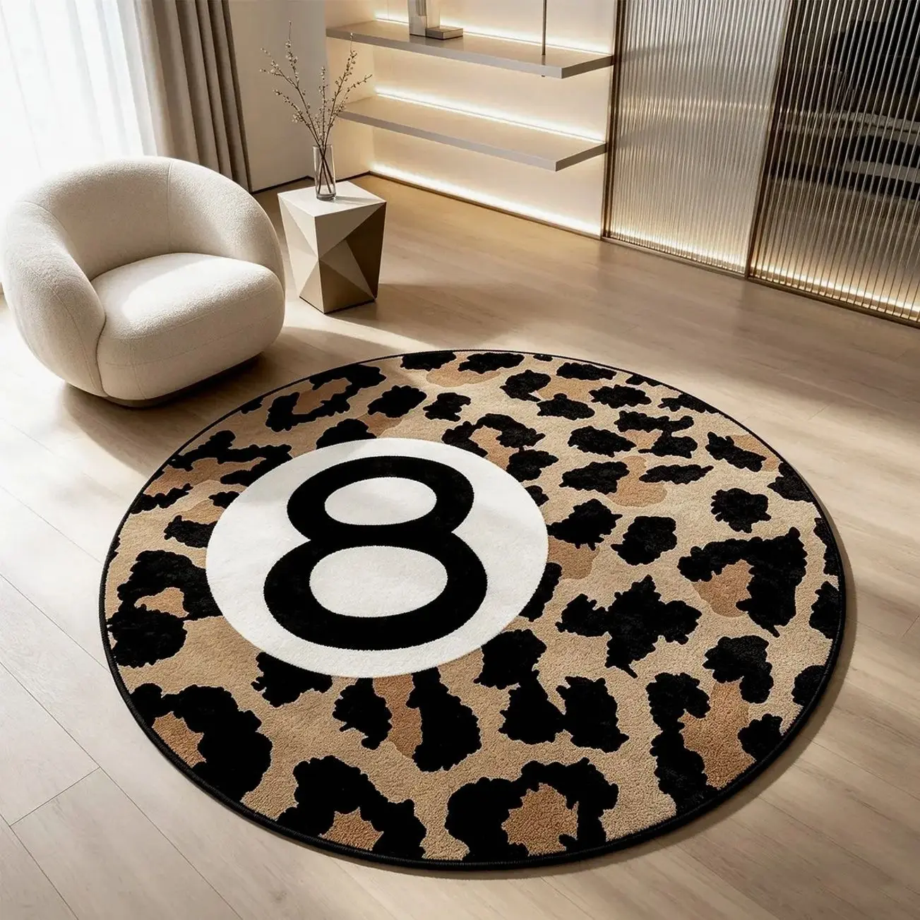 Round 8 Ball Leopard Print Rug, Soft Non-Slip Accent Carpet for Game Room Man Cave Teen Bedroom, Retro Funky Floor Decor