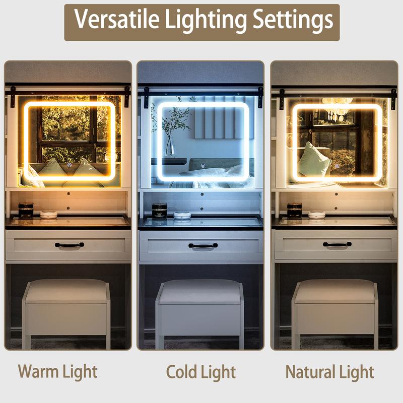 LED Vanity Table with Sliding Barn Door, Glass Top Makeup Desk with Outlet & Charging Station, 3-Color Lights, Multi-Drawer Organizer for Bedroom, Modern Adjustable Storage Dresser