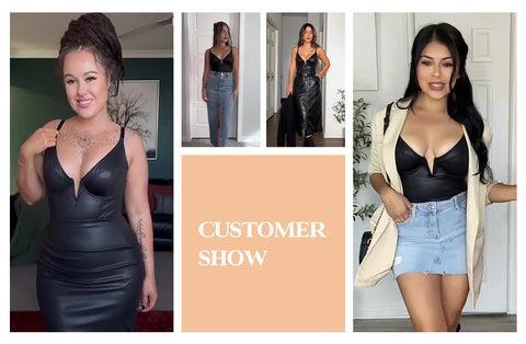 Popilush Elastic Deep V-Neck Leather Shapewear Thong Bodysuit  Adjustable Soft Breathable Fabric