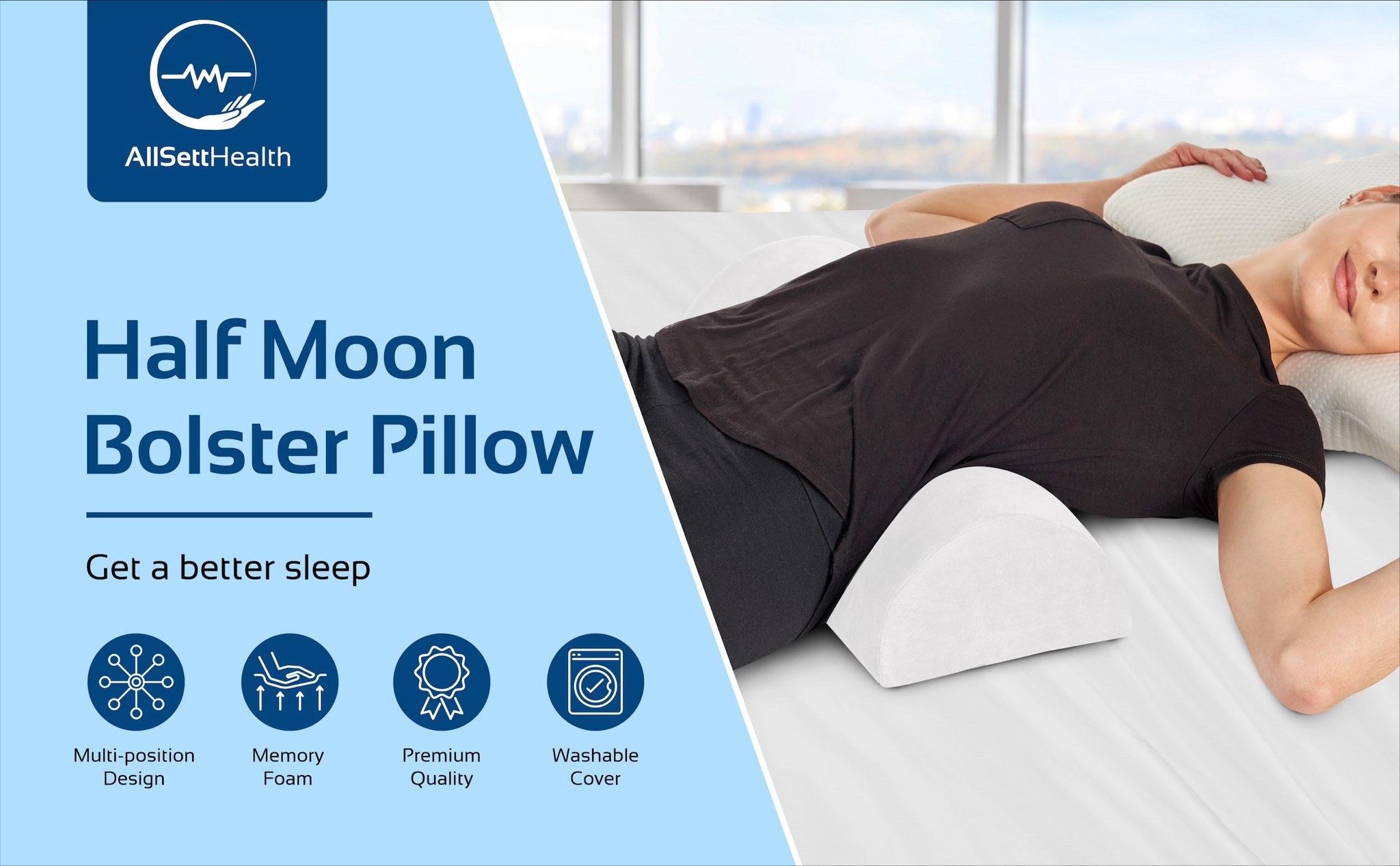 Health Large Half Moon Bolster Pillow for Legs, Knees, Lower Back and Head, Lumbar Support Pillow for Bed, Sleeping | Semi Roll for Ankle and Foot Comfort - Machine Washable Cover, White