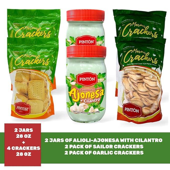 Paquete combinado de aperitivos cubanos Pintón, galletas de ajo, galletas cubanas, alioli de cilantro, porciones de 1.06 oz