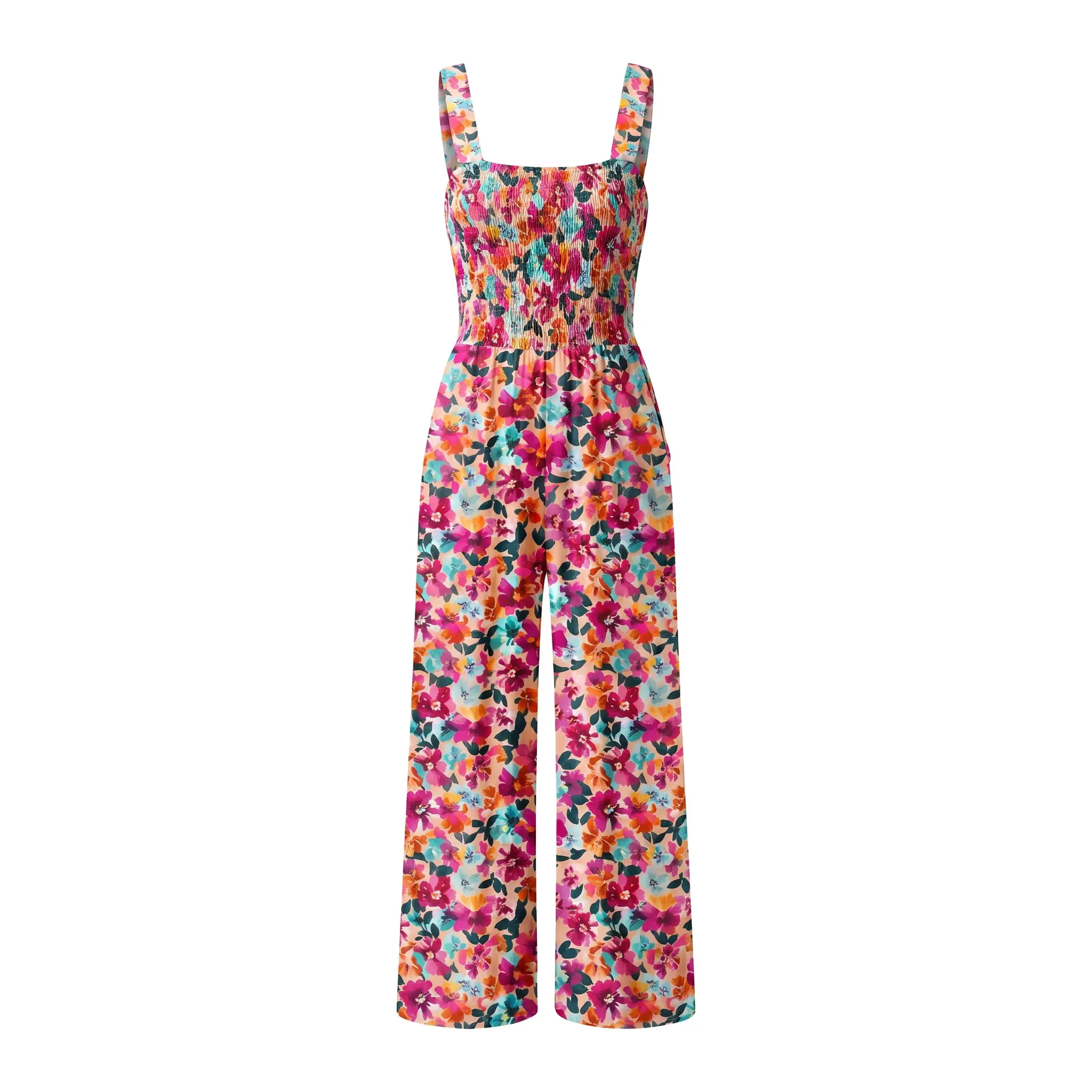 Women's Casual Loose Overalls Jumpsuits One Piece Sleeveless Printed Wide Leg Long Pant Rompers With Pockets Bohemian Womenswear