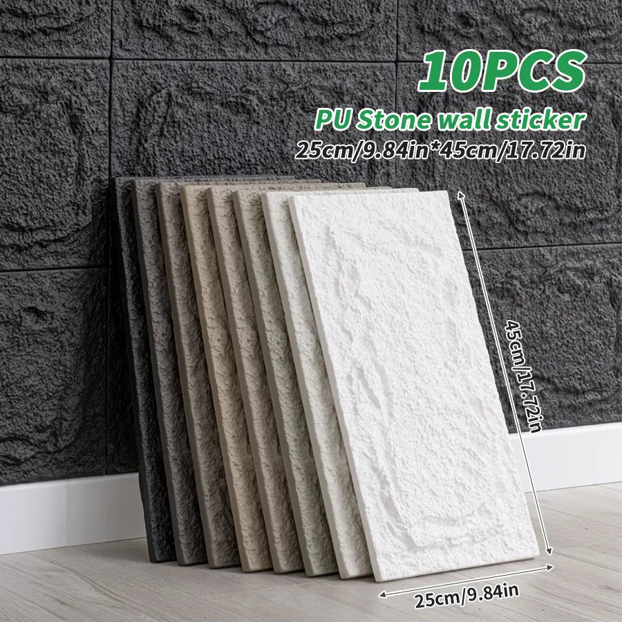 Chee Lyee 10PCS 3D Self-Adhesive Faux Stone Decorative Wall Panels - 10mm Thick Flat Waterproof Rectangular Tiles (9.84x17.72in) Anti-Collision Adhesive Wall Stickers & Murals with 3D Depth Effect for Indoor Home Decor
