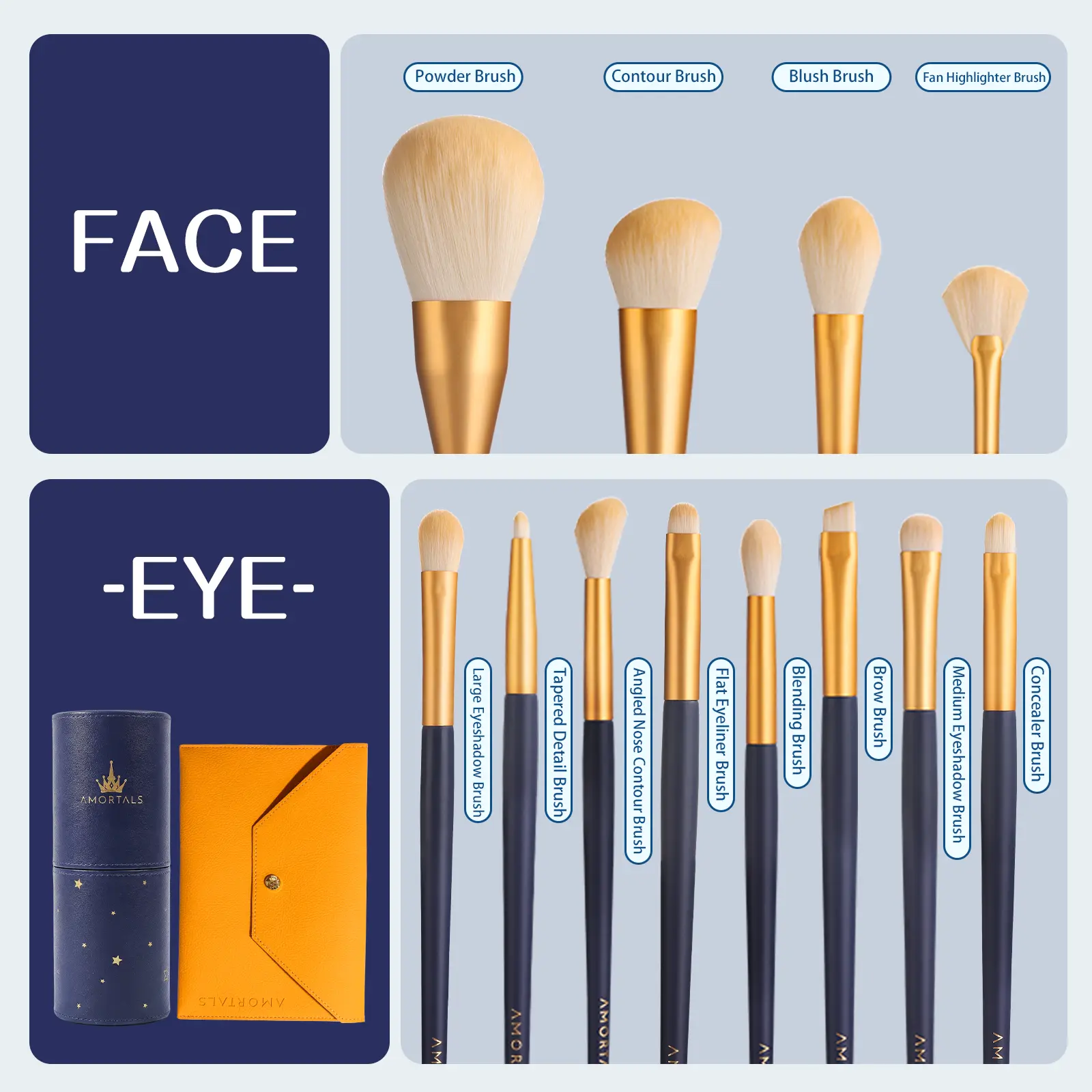 AMORTALS Star Glow 12Pcs Makeup Brush Set, Soft Slender Bristles All-in-One Brushes, Face Curve Fitting & Beginner-Friendly