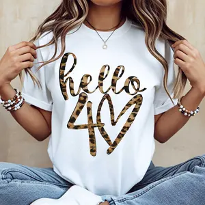 Hello 40 Leopard Print Graphic T Shirt White Crewneck Casual Wear For Birthday Celebration