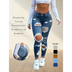 Women's High Waist Ripped Skinny Stretchy Jeans, Elastic Vintage Denim Stretchy Jeans, Butt Lifting Design, Casual Fashion for Daily Wear