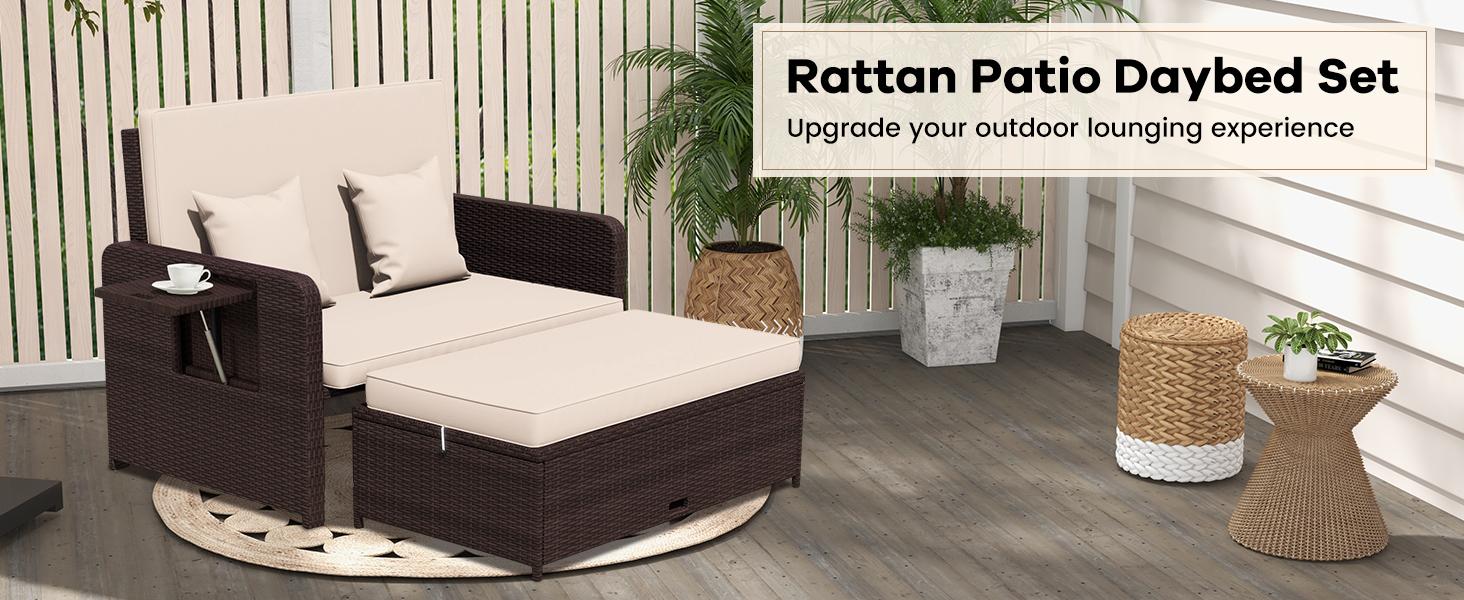 COSTWAY Wicker Patio Outdoor Daybed, Outdoor Chaise Lounger w/ 4-Level Adjustable Backrest, Retractable Side Trays, Storage Ottoman, Comfortable & Removable Cushions, Rattan Loveseat- COSTST