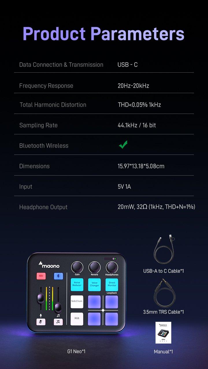 MAONO G1 NEO RGB USB Audio mixer with Bluetooth, Noise reduction, easy to use with PC, Smartphone, XLR microphone, ideal for gaming and streaming.