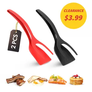 【Clearance】2-in-1 Silicone Shovel & Tweezers Tongs - Black Egg Flipper Pancake Steak Turner Omelet Maker Spatula Fish French Toast Tongs for Home Kitchen Cooking Tools Utensil
