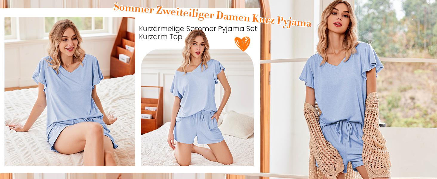 EKOUAER Women's Breathable Comfort Cute Set Ruffle Sleeves  V Neck Comfy 2 Pack Set with Pockets S-XXL