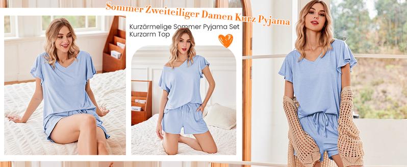 EKOUAER Women's Breathable Comfort Cute Set Ruffle Sleeves V Neck Comfy 2 Pack Set with Pockets S-XXL EKOUAER Women's Breathable Comfort Cute Set Ruffle Sleeves V Neck Comfy 2 Pack Set with Pockets S-XXL