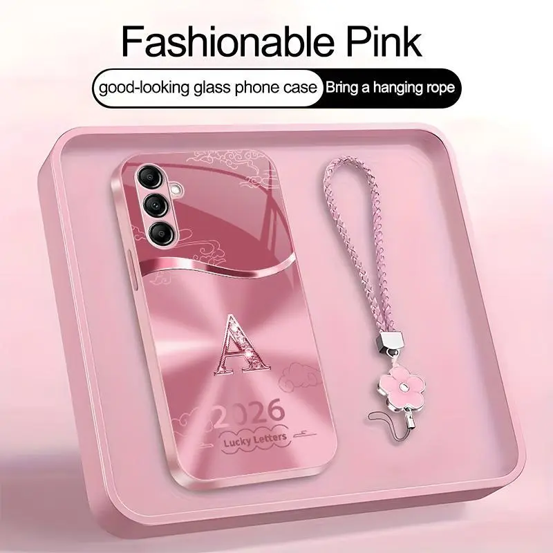 Suitable for [Galaxy A14 5g] high-end women's phone case🤩，a free four-leaf clover lanyard is included, with 26 letters of the alphabet to choose from，auspicious cloud patterns bring you good luck YM99