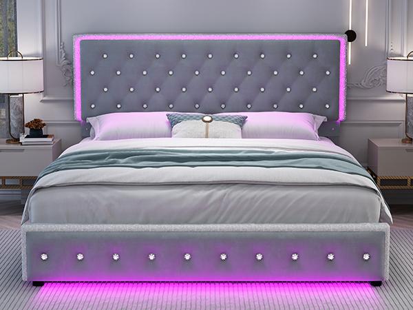 Sibeds Queen LED Bed Frame with 2 Storage Drawers, Adjustable Crystal Tufted Headboard, PU Leather & Velvet, Noise-Free Solid Slats, No Box Spring Needed, Easy Assembly, Modern Design