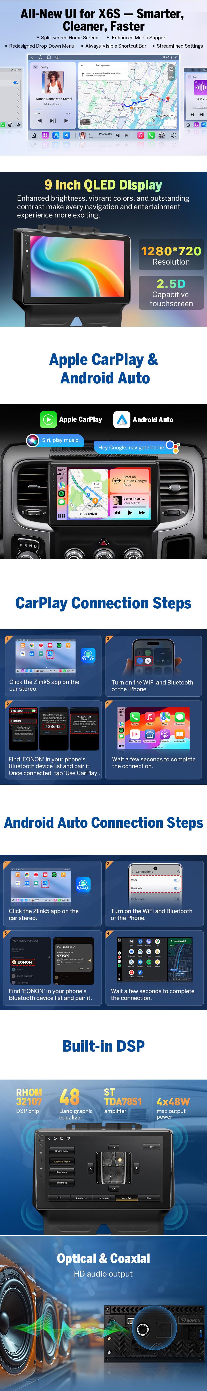 EONON Car Stereo for Dodge RAM 1500 2500 3500 (2013-2018) Manual AC, Wireless CarPlay & Android Auto Car Radio Touch screen, 9" Android 14/13 Car head unit, SWC GPS Navigation, BT, Wi-Fi, Sub, Backup camera - DGRMX7A / DGRMX6S2