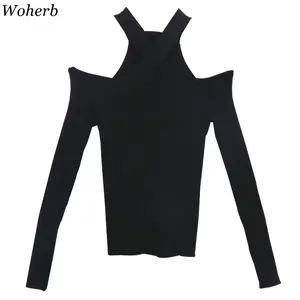 Woherb Y2K 2026 Spring Autumn Sexy Hollow Off-Shoulder Knitted Tops Solid Ladies Korean Clothes Sweater Pullovers Jumper