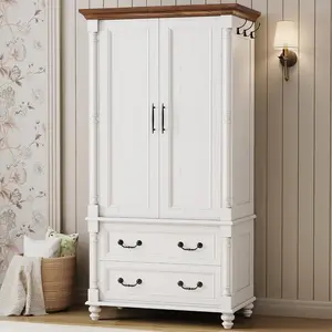 Farmhouse Armoire Wardrobe Closet with 2 Doors and 2 Drawers, 70" H x 36" W, Large Bedroom Armoire with Roman Column and 3 Hanging Hooks, Wooden Freestanding Closet Cabinet, White