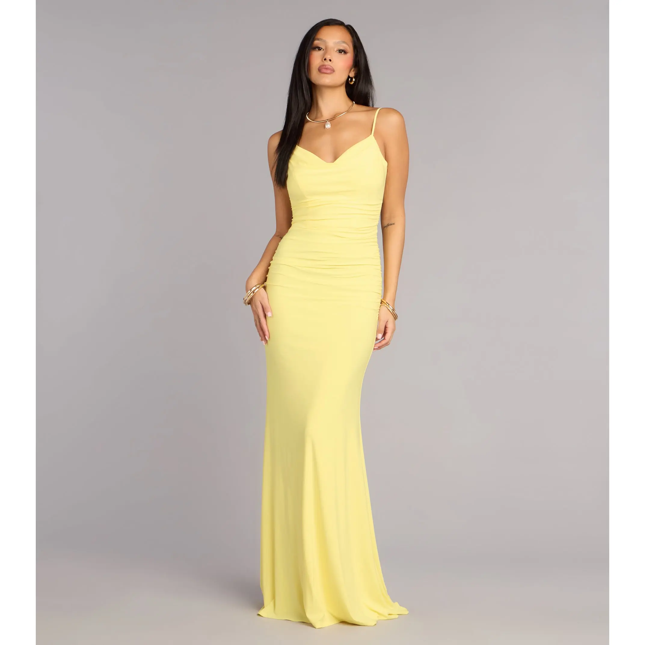 semi formal dresses in san antonio Strapless Yellow Lace Prom Dress with Ruffles-Bridelily main image 1