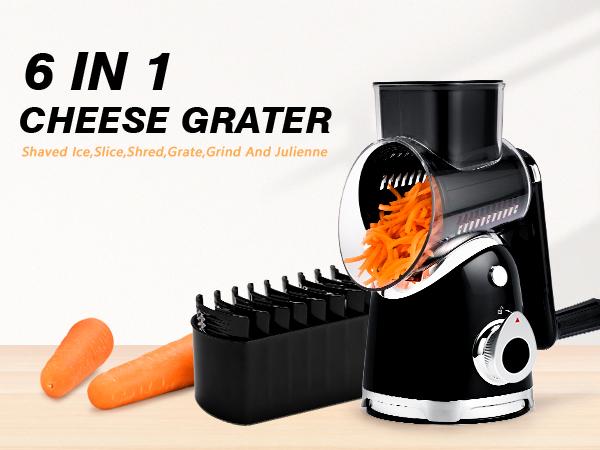 SUSTEAS Rotary Food Cheese Grater with 6 Replaceable 18/10 Stainless Steel Blades, Strong Suction Base, Kitchen Utensils, Vegetable Slicer New Black Potato Cutter