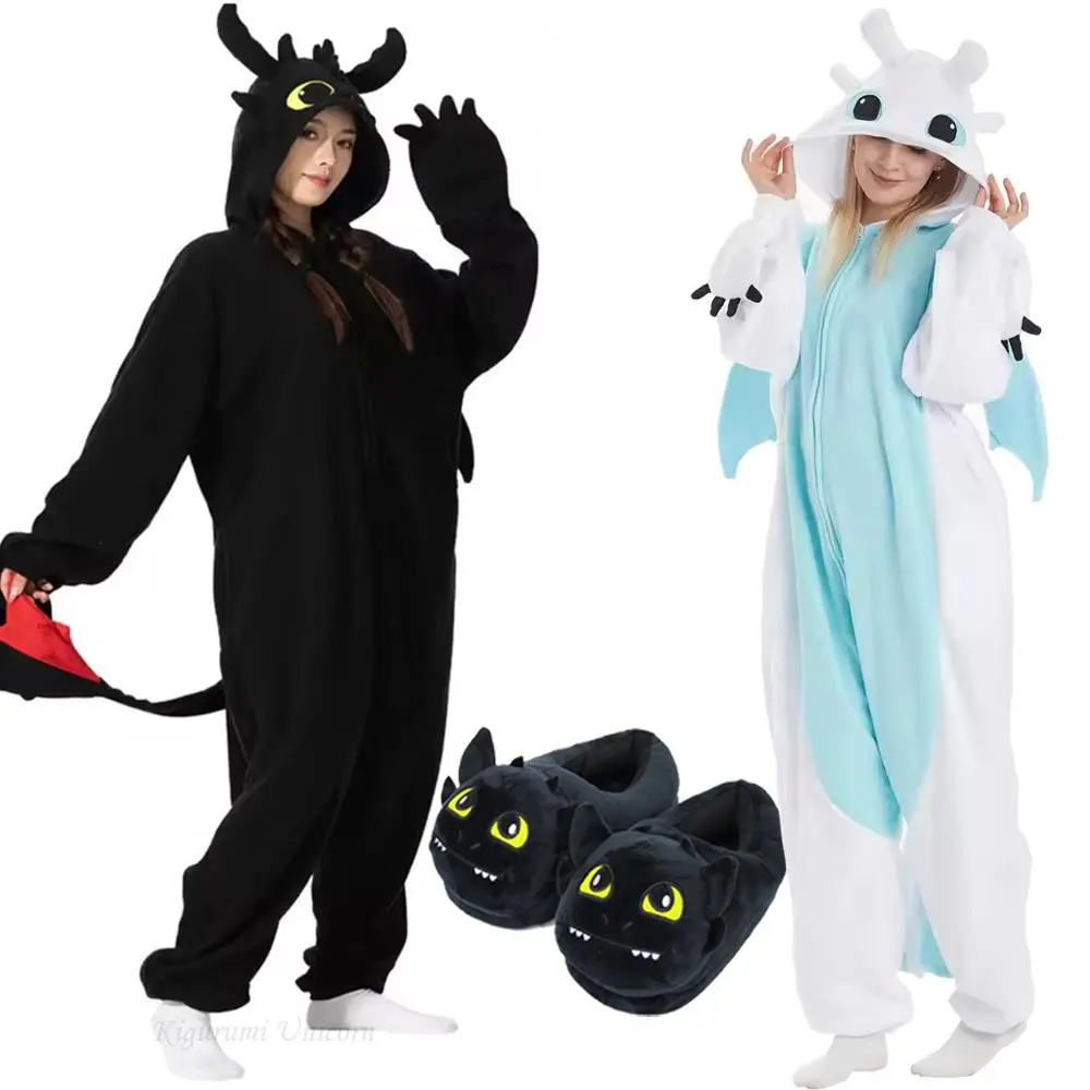 Black Toothless Dragon Kigurumi Onesie Pajamas - Adult Pj Onesie, Role Play Pajamas, Animal Jumpsuit for Halloween Cosplay, Winter Train Themed Festive Party Supplies