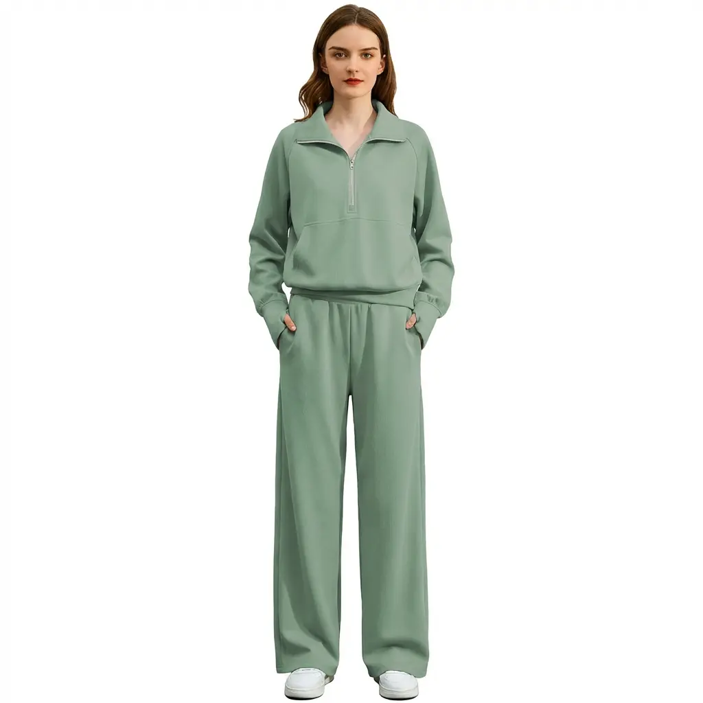 Women's 2 Piece Tracksuit Set - Half Zip Hoodie & Wide Leg Pants