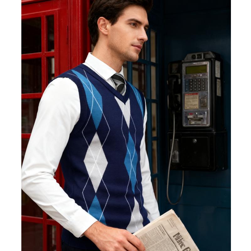 Fall Outfits Men's V-Neck Sleeveless Argyle Sweater Vest Slim Fit Casual Knitted Pullover for Spring Autumn Winter Office Wear & Party Events