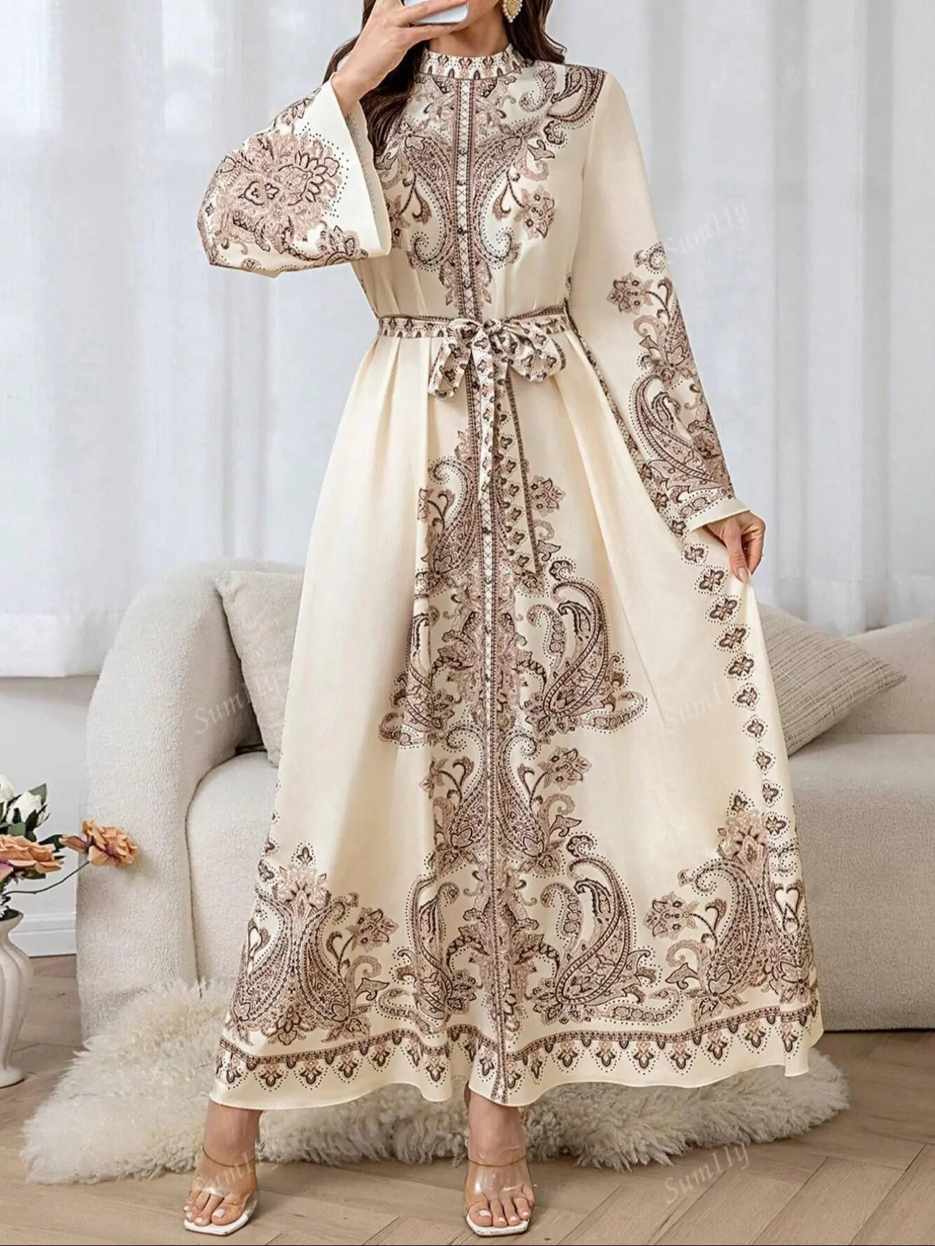 Women's Bohemian Floral Print Maxi Dress Stand Collar Lantern Sleeve with Belted Waist, Arabian LongDress, Muslim Dress, Islamic Muslim Clothing, Islamic clothes, Islamic Modesty Clothes, Classy Modest Dresses, Vacation, Daily Wear, for All Seasons
