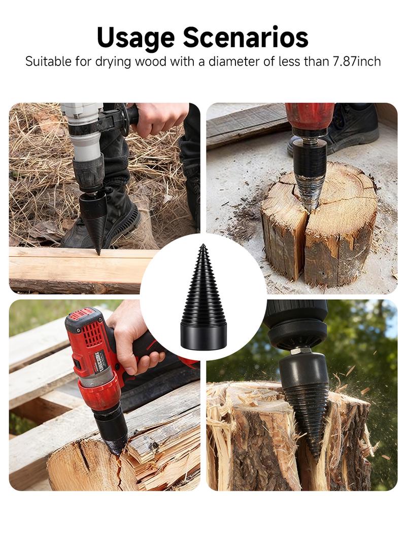 Firewood Log Splitter Drill Bit Set – Heavy-Duty Carbon Steel Wood Splitting Cone with Round/Hex/Square Shank – Safe, Efficient, and Easy to Use for Fireplace, Camping, Home Heating, and Outdoor Wood Cutting