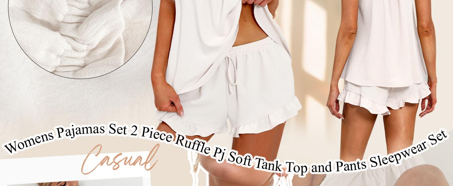 KFUBUO Womens Pajamas Set 2 Piece Ruffle Pj Soft Tank Top and Shorts Sleepwear Set Bridal Pajama for Women Set