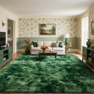 QULINT Tie-Dye DarkGreen Fluffy Area Rugs For Bedroom Living Room With 4 Stickers, Upgrade Non-Slip Soft Shag Bedside Rug, Cozy Fuzzy Indoor Floor Carpet For Nursery Kids Room Dorm Home Decor Aesthetic, Dry Clean Only, Mother’s Day and Easter Gift