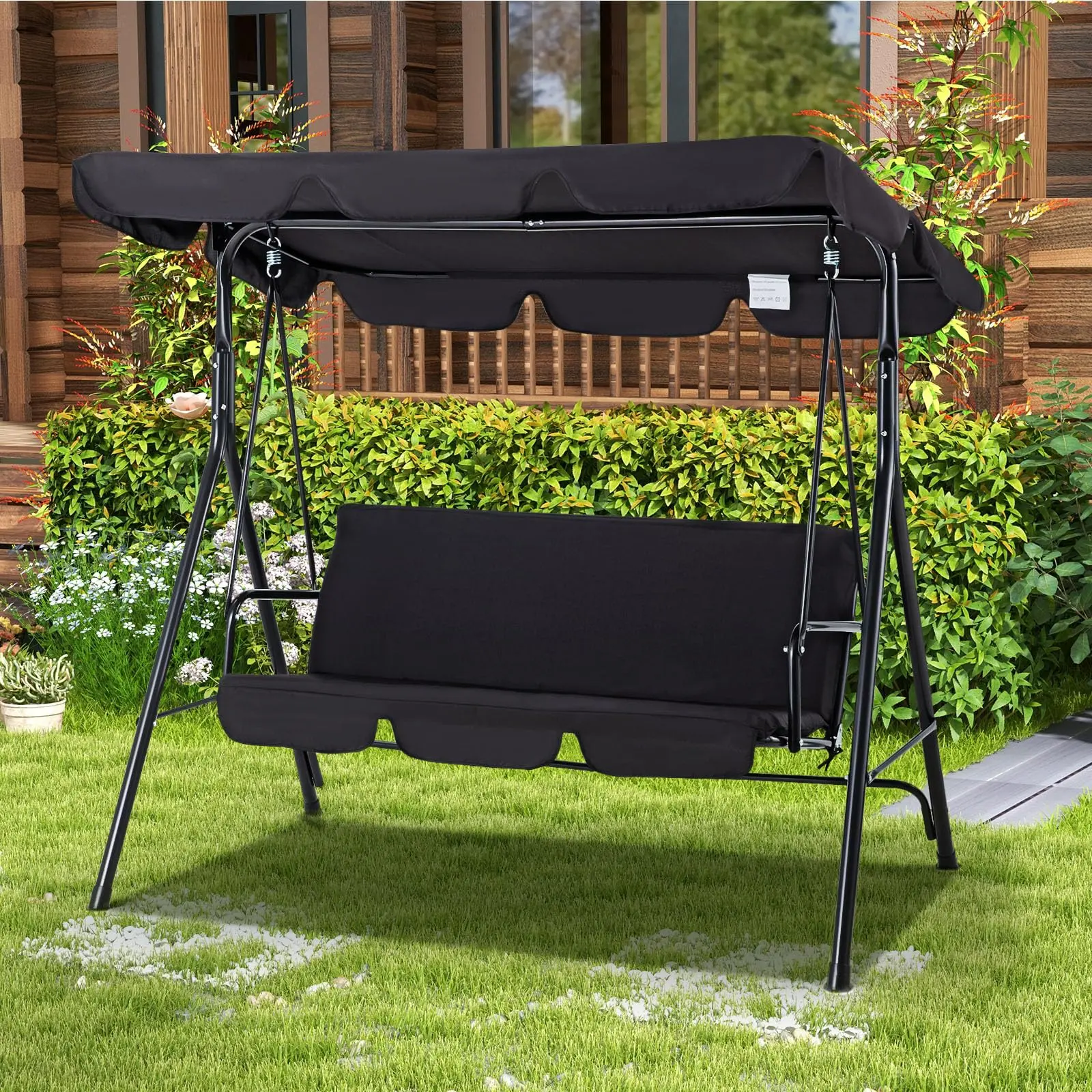Aecojoy Patio Swings Outdoor, 3-Seat Glider Porch Bench with Removable Cushion and Adjustable Shade, Swing Chairs for Outdoor Lounge Modern