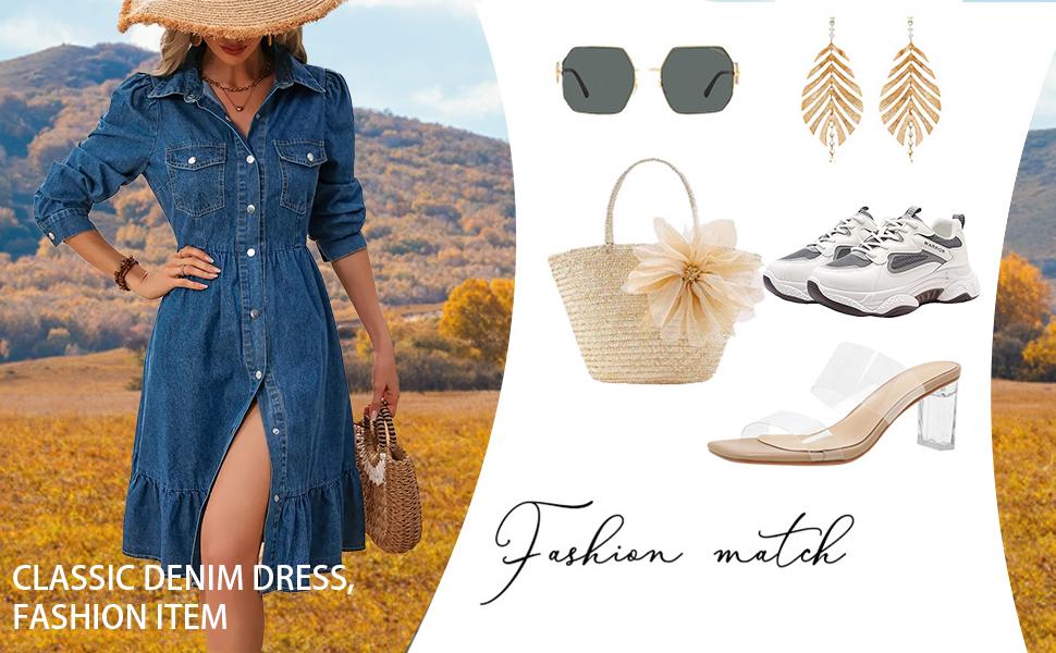 utcoco Women's Blue Denim Dress 2026 Fashionable Puff Sleeve Ruffled A-Line Midi Skirt Casual Spring Fall Winter Essential Basic Womenswear SpringStatements