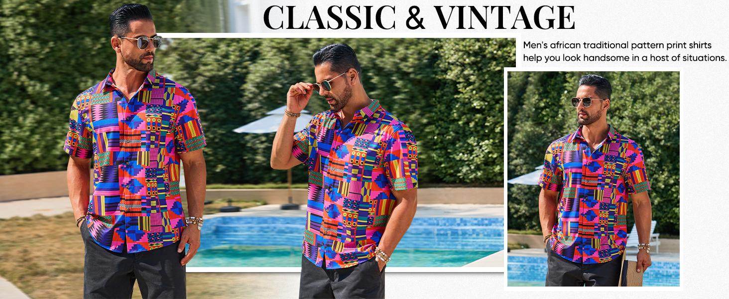 Runcati Mens Short Sleeve Shirts Button Down African Traditional Pattern Dashiki Shirt Casual Vintage Floral Hippie Tops