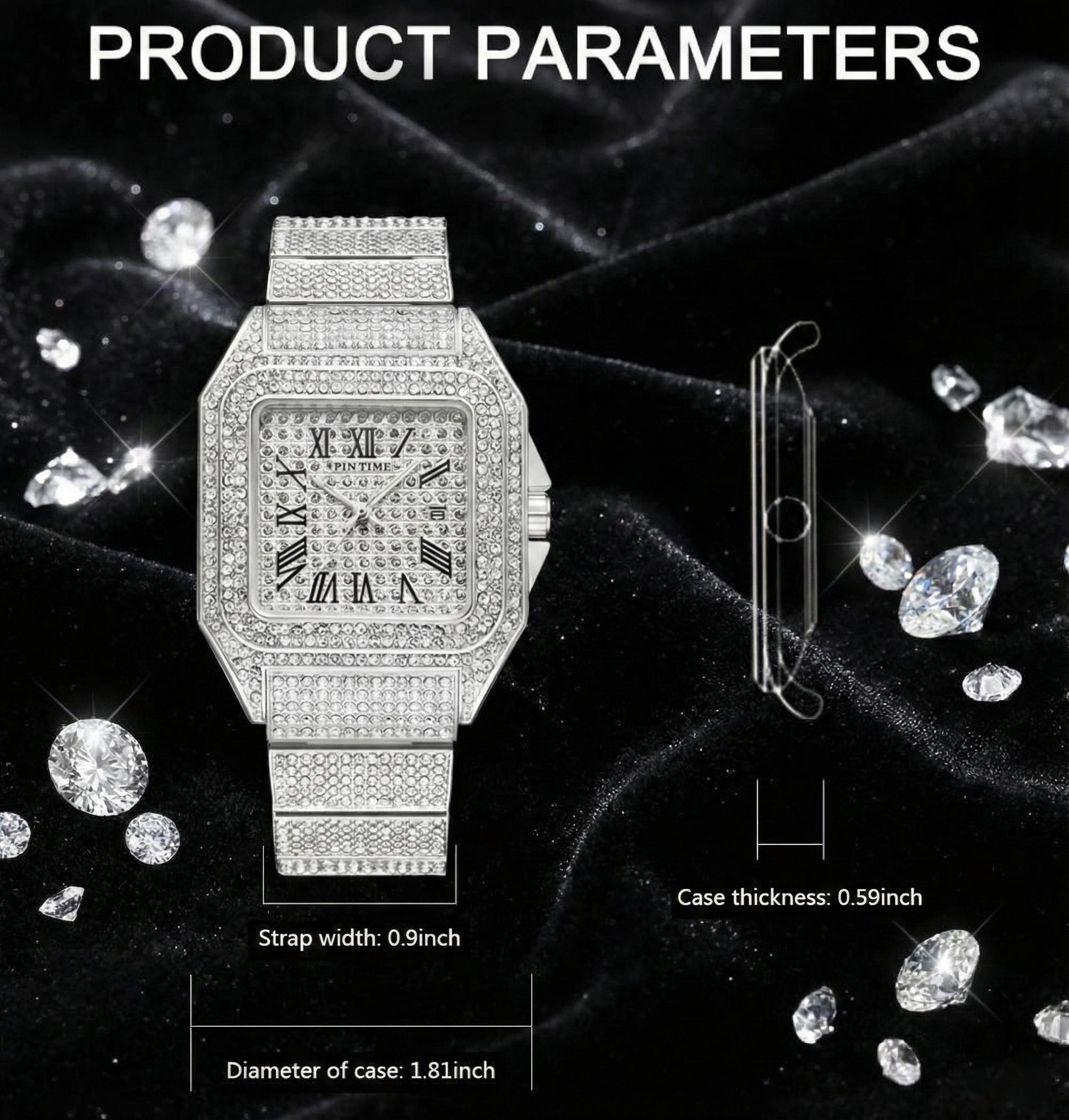 Fashion Hip Hop Men's Crystal Watch Bling Bling Watch Rectangle Case Stainless Steel Quartz Analog Bracelet Wristwatch