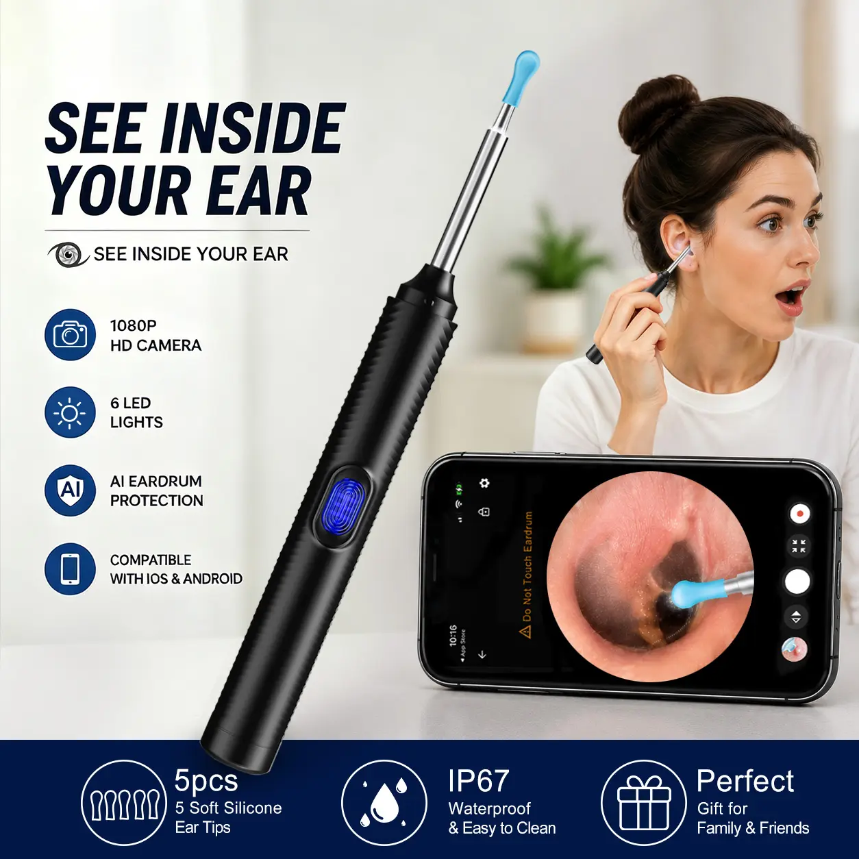 Visual Ear Wax Removal Tool with Camera, 1080P HD, AI Eardrum Alert, Waterproof Ear Cleaner, Compatible with iPhone & Android, 8PCS Ear Cleaning Kit for Adults, Kids & Pets