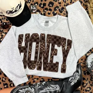 Retro Honey Checkered Leopard Sweatshirt, Honey Country Distressed Cowboy Quote, Western Concert Sweater, Southern Sweatshirt