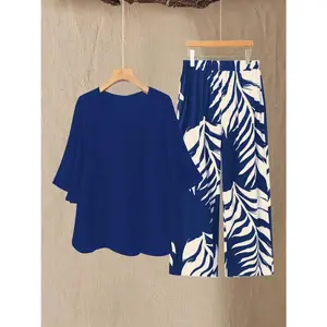 Plus Size, Fall New Arrival Women's Casual Outfit - Elegant Blouse and High Waist Pants 2pcs Set