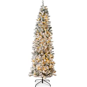 Best Choice Products Pre-Lit Artificial Snow Flocked Pencil Christmas Tree Holiday Decoration