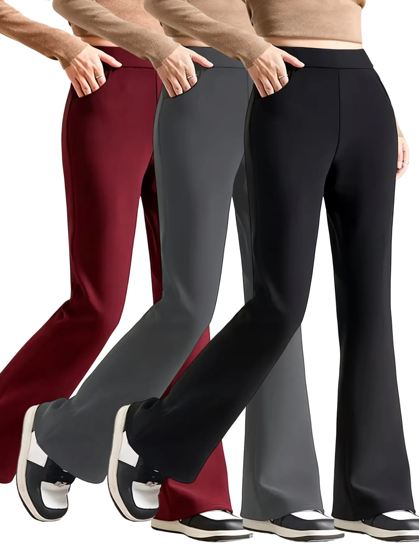 Women's High Waist Tummy Control Flared Yoga Pants, Black Grey Red, Breathable Moisture-Wicking Slimming Stretch Sweatpants for Workout&Lounge