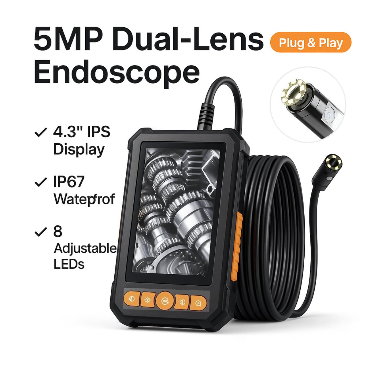 OBD Scanner with 4.3" IPS Borescope Camera IP67 Waterproof Car Pipe Engine Inspection Diagnostic 5MP Dual-Lens Endoscope 8 Adjustable LEDs Plug & Play