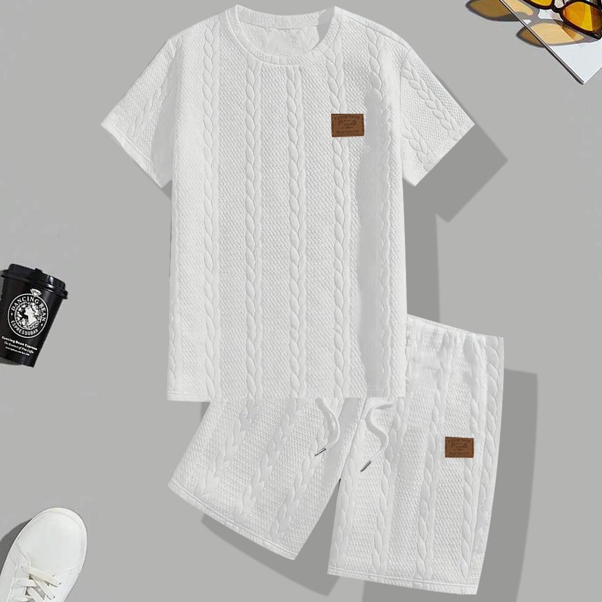 Men's Casual Jacquard Short Sleeve Set, Men's Short Sleeve Outfit, Suitable for Casual Wear and Vacation