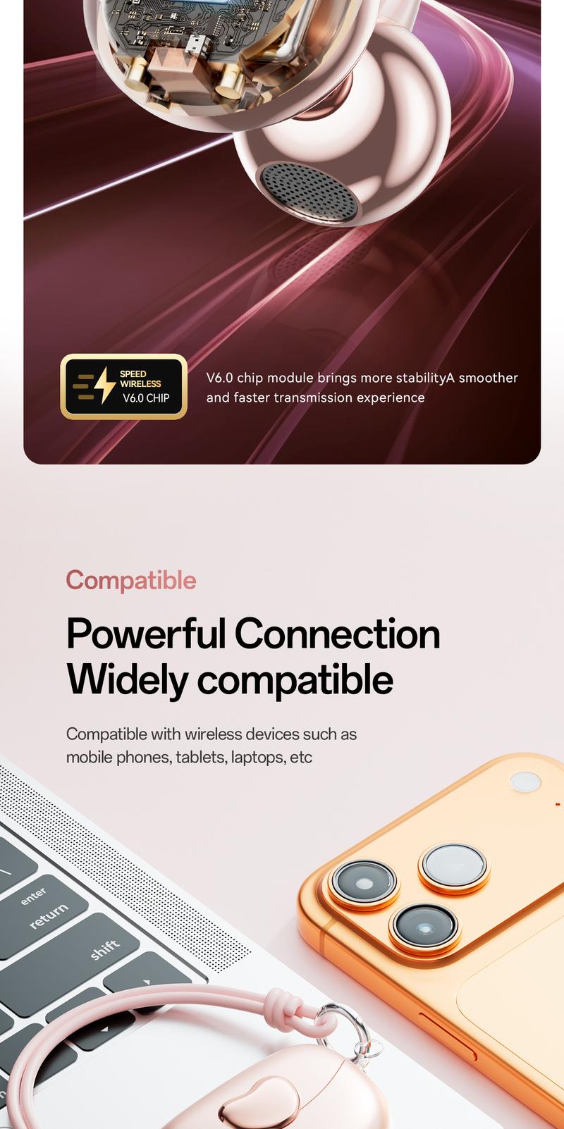 CHENRUIDA M106 High Fidelity Bluetooth Earphones for Women,360°  surround sound,Advanced Noise Reduction Long Battery Life IPX7 Waterproof Rose Gold Headset wireless headphones noise cancelling headphones gamingheadset Christmas Gifts