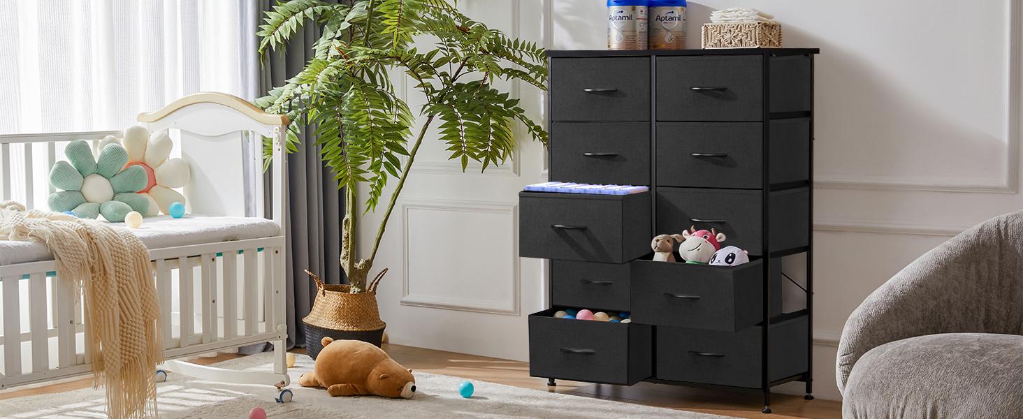 Tall Drawer Organizer Storage Drawers Fabric Storage Tower with 10 Drawers, with Fabric Bin, Wood Top for Bedroom, Closet