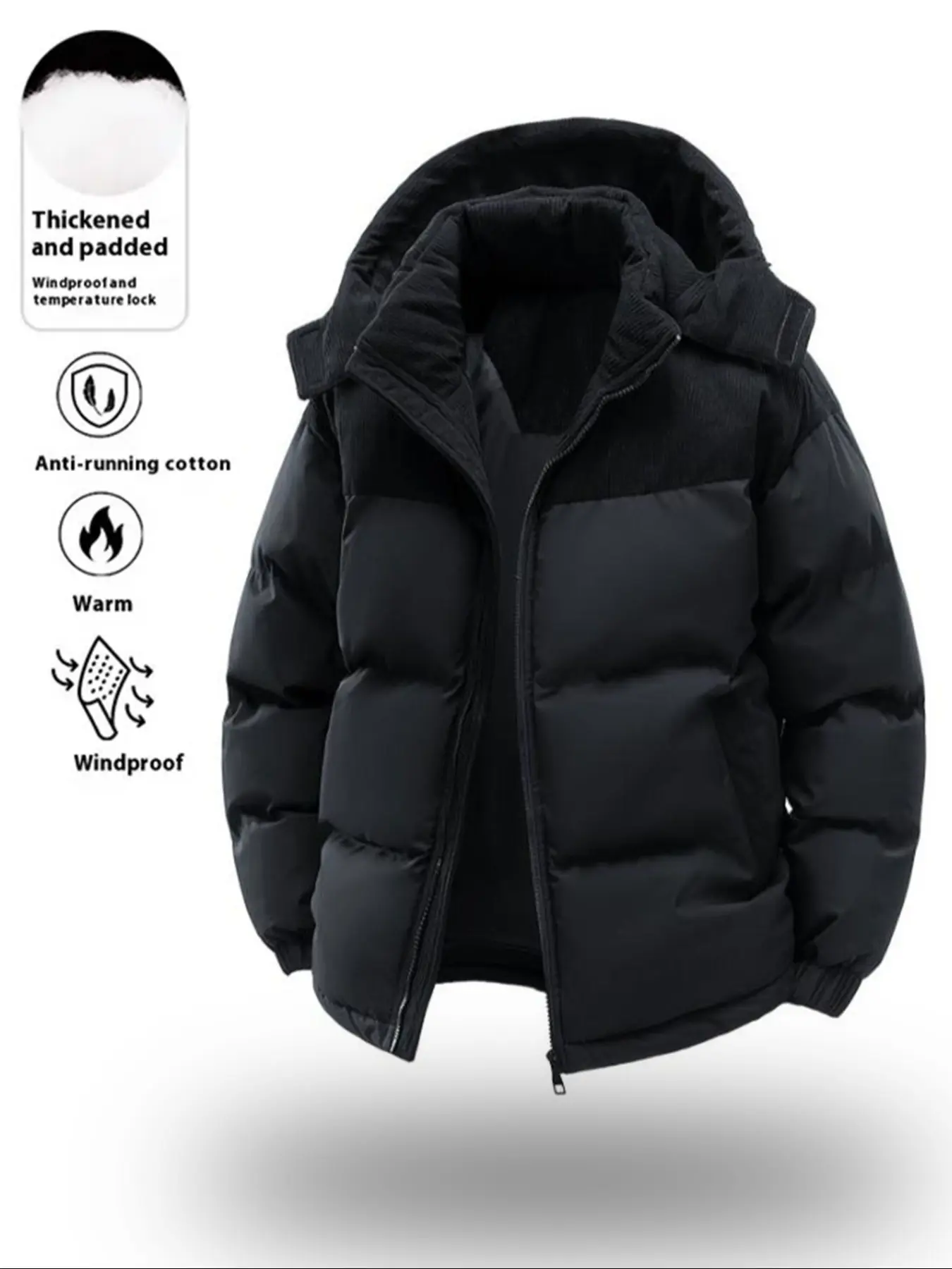 Men's Casual Hooded Down Jacket, Polyester Fiber Filled, Winter Color Block Design, Long Sleeve Detachable Hat, Warm Outerwear Coats